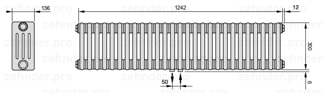 Схема (чертеж) Радиатор Zehnder Charleston 4030/27 №5410 Белый глянцевый RAL 9016
